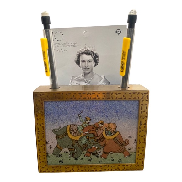 Vintage Indian artwork, wood & brass, pen & notepad holder - Picture 6 of 15